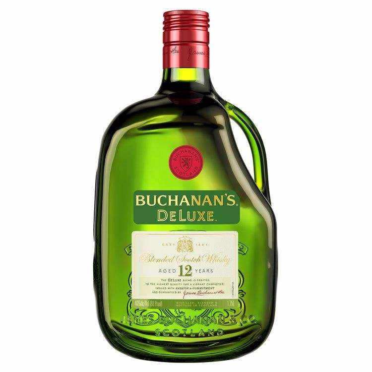 Buchanan's Blended Scotch Deluxe 12 Year 1.75L bottle with red cap, showcasing premium whisky label and green bottle design.