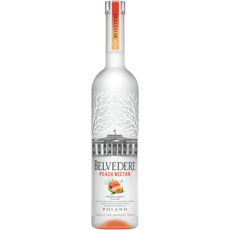 Belvedere Peach Nectar Flavored Vodka 1L bottle with peach and apricot accents.