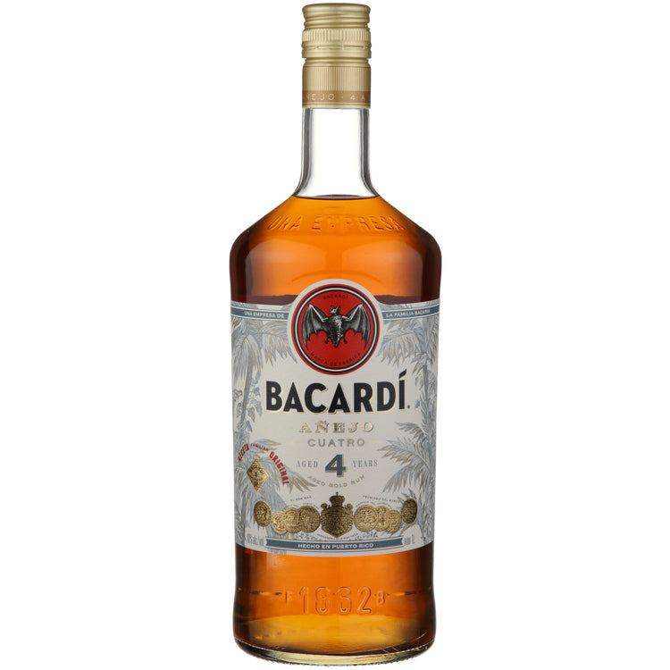 Bacardi Aged Rum Añejo Cuatro 4 Year 80 1 L bottle with golden hue and Bacardi logo.