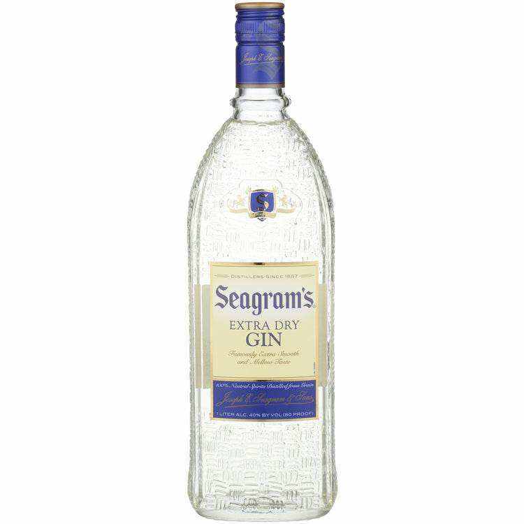 Seagram's Extra Dry Gin 1L bottle, smooth with hints of orange, cinnamon, and lilac.