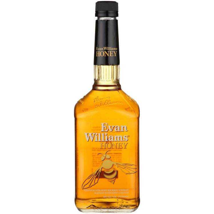 Evan Williams Honey Whiskey Liqueur 1L bottle with rich golden color and honeycomb design.