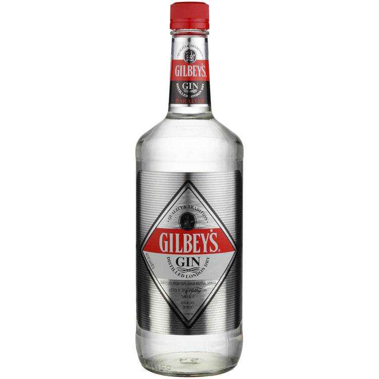 Gilbey's London Dry Gin 1L bottle with red cap and label.