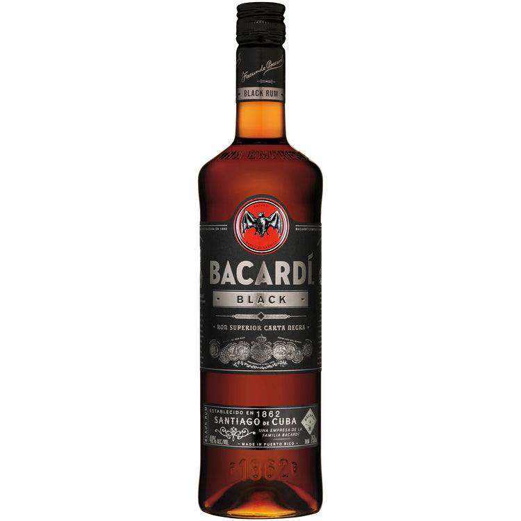 Bacardi Black Rum 80 750 ML bottle with deep mahogany color.