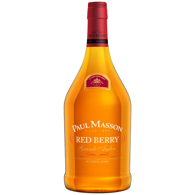 Paul Masson Red Berry Flavored Brandy Grande Amber 54 1.75 L bottle with vibrant berry flavor and smooth finish.