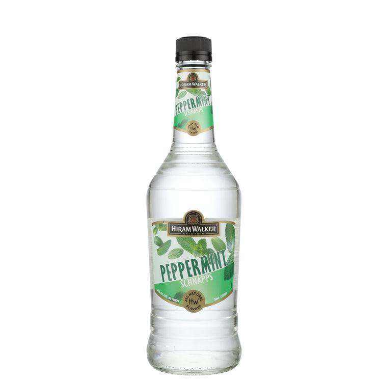 Hiram Walker Peppermint Schnapps 750 ML bottle with peppermint leaves design.