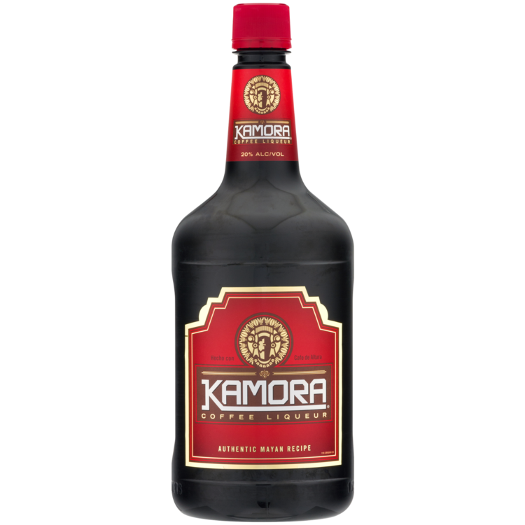 Kamora Coffee Liqueur 1.75 L bottle with chocolate brown color and Mayan recipe label.