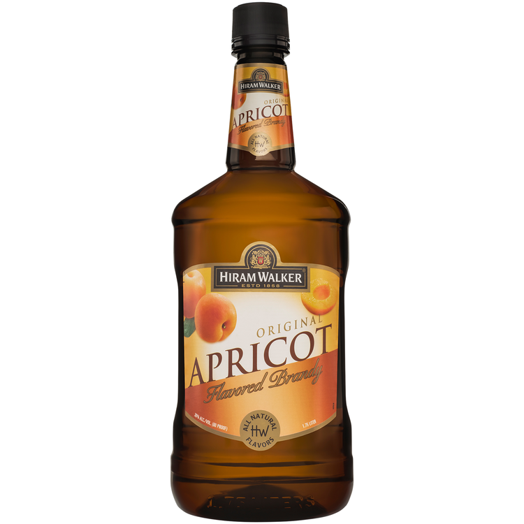 Hiram Walker Apricot Flavored Brandy 1.75 L bottle with wine-grape distillate infusion.