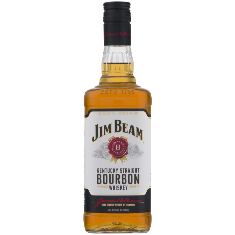 Jim Beam Bourbon White Label 750ml bottle with elegant packaging.