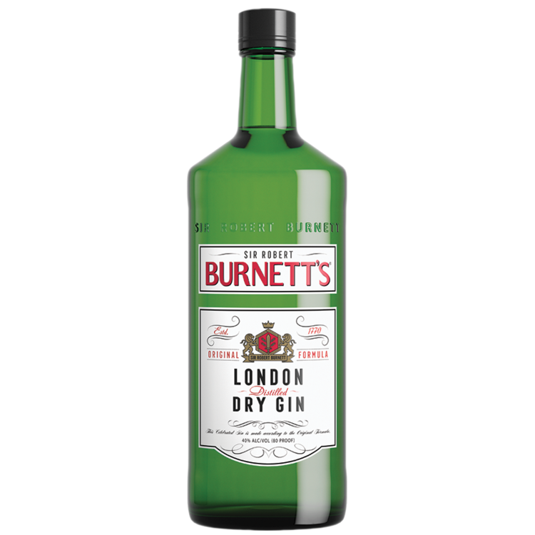 Burnett's London Dry Gin 80 1L bottle with signature flavor, quadruple distilled, gluten-free.