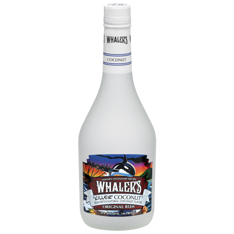 Whaler's Coconut Flavored Rum bottle, 750ml, featuring Hawaiian graphics.