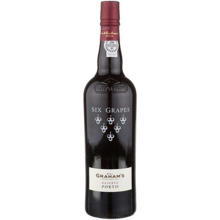Graham's Porto Six Grapes Reserve wine bottle with rich black fruit flavors and blackberry aromas.