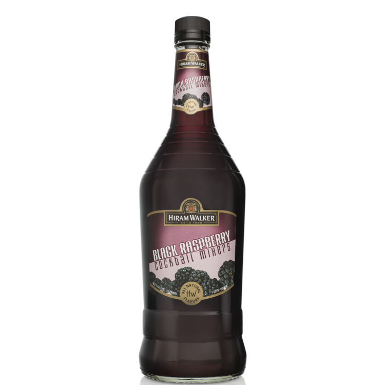 Hiram Walker Black Raspberry Liqueur 1L bottle with natural flavors.