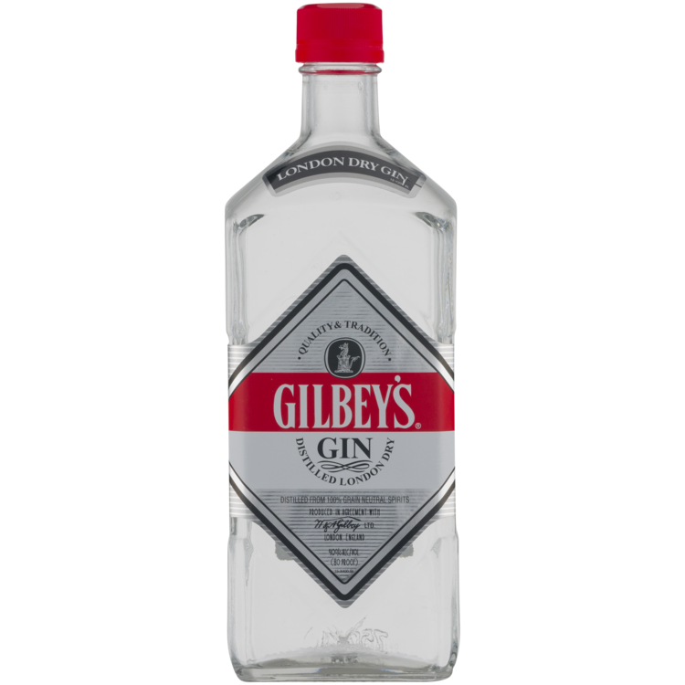 Gilbeys London Dry Gin 750 ML bottle with red label and clear liquid.