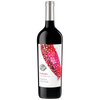 Red wine bottle with a colorful label on a white background