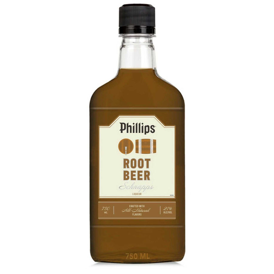 Phillips Root Beer Schnapps 100 750 ML bottle showcasing rich root beer flavor and premium schnapps quality