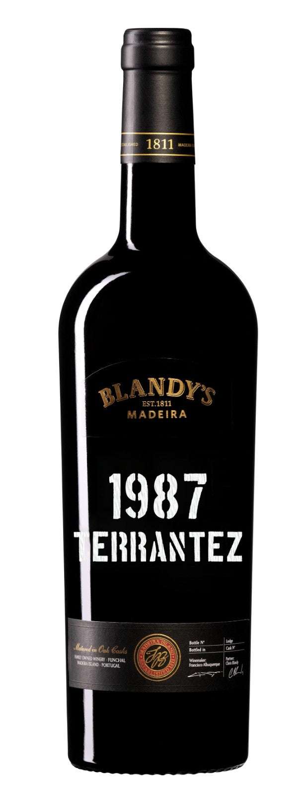 Bottle of Blandy's Madeira Terrantez Medium Rich 1987 vintage wine showcasing aged fortified wine from Madeira island