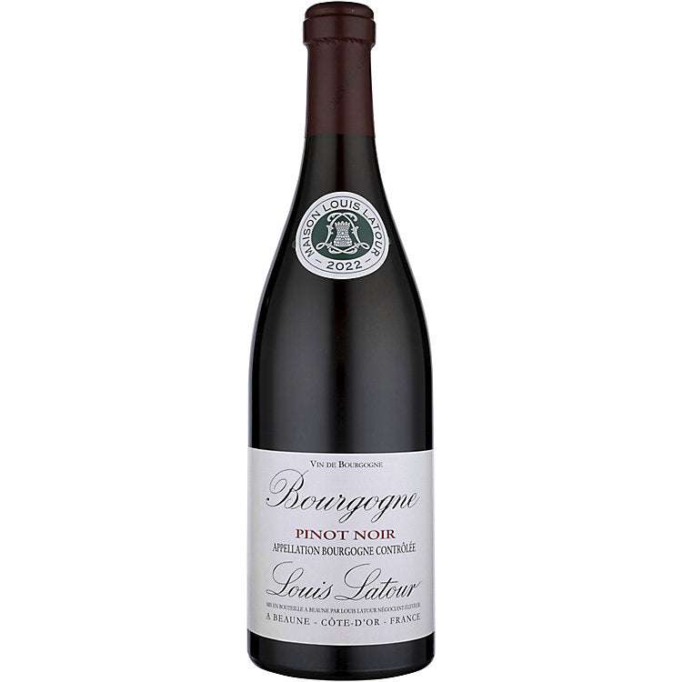 Bottle of Louis Latour Bourgogne Pinot Noir 2022 750 ML red wine with cherry and berry flavors