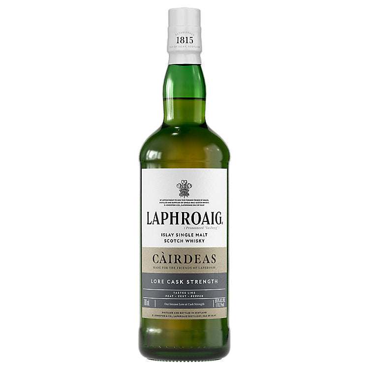 Laphroaig Cairdeas Lore Cask Strength Single Malt whisky bottle showcasing Islay smoky richness