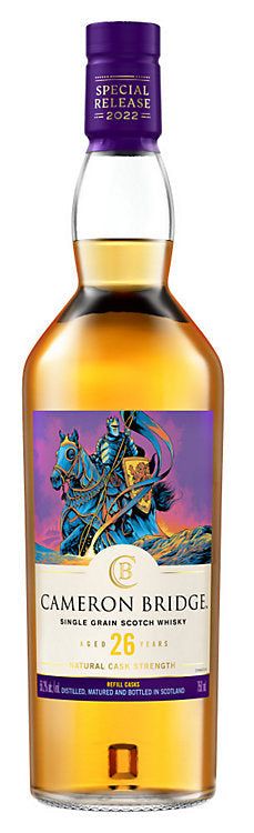 Bottle of Cameron Bridge whisky with a colorful label on a white background