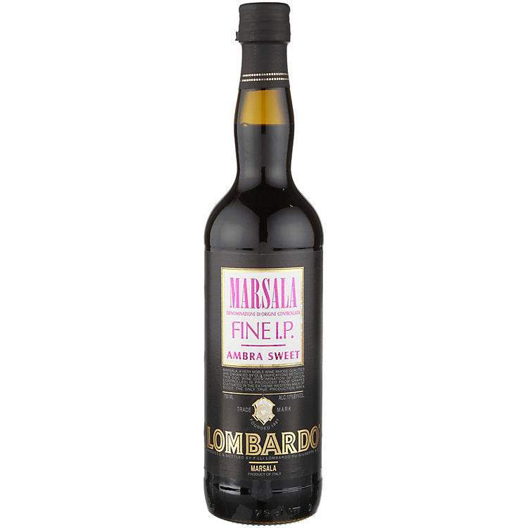 Bottle of Lombardo Marsala Ambra Sweet Fine 750 ML fortified wine with amber hue