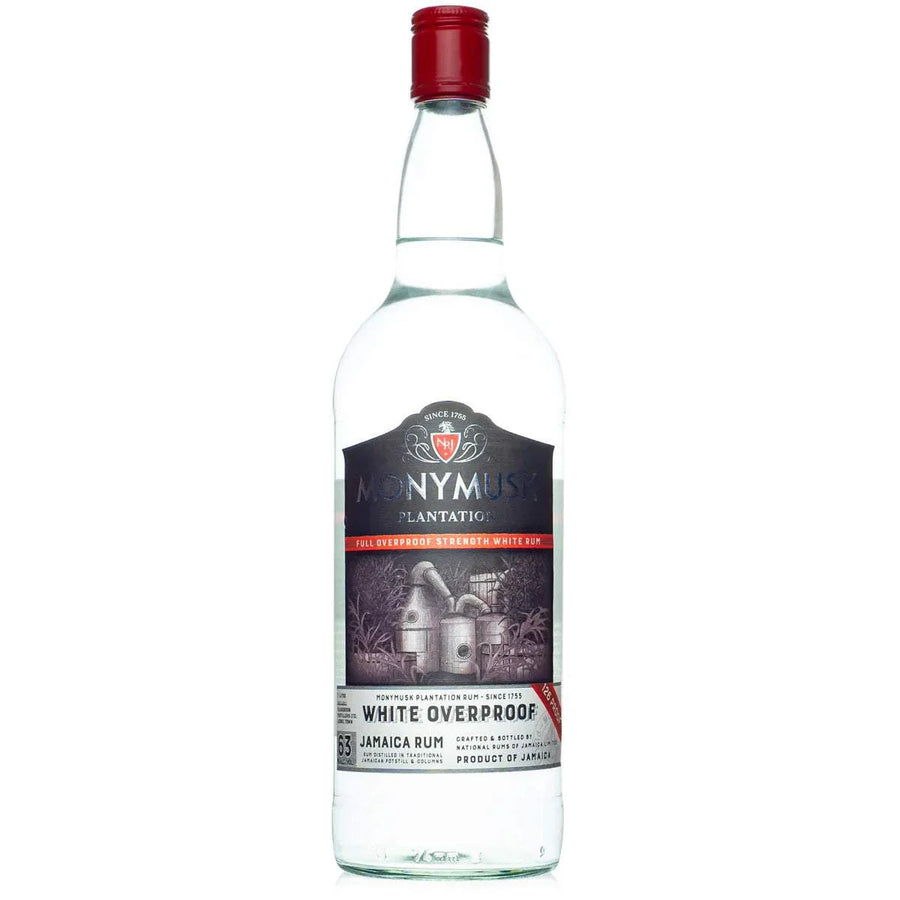 Monymusk Overproof Rum White Overproof 126 1L bottle showcasing Jamaican overproof rum with tropical aromas and fiery flavor