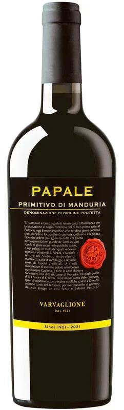 Varvaglione Primitivo Di Manduria Papale 2021 750 ML red wine bottle with rich, full-bodied flavors from Southern Italy