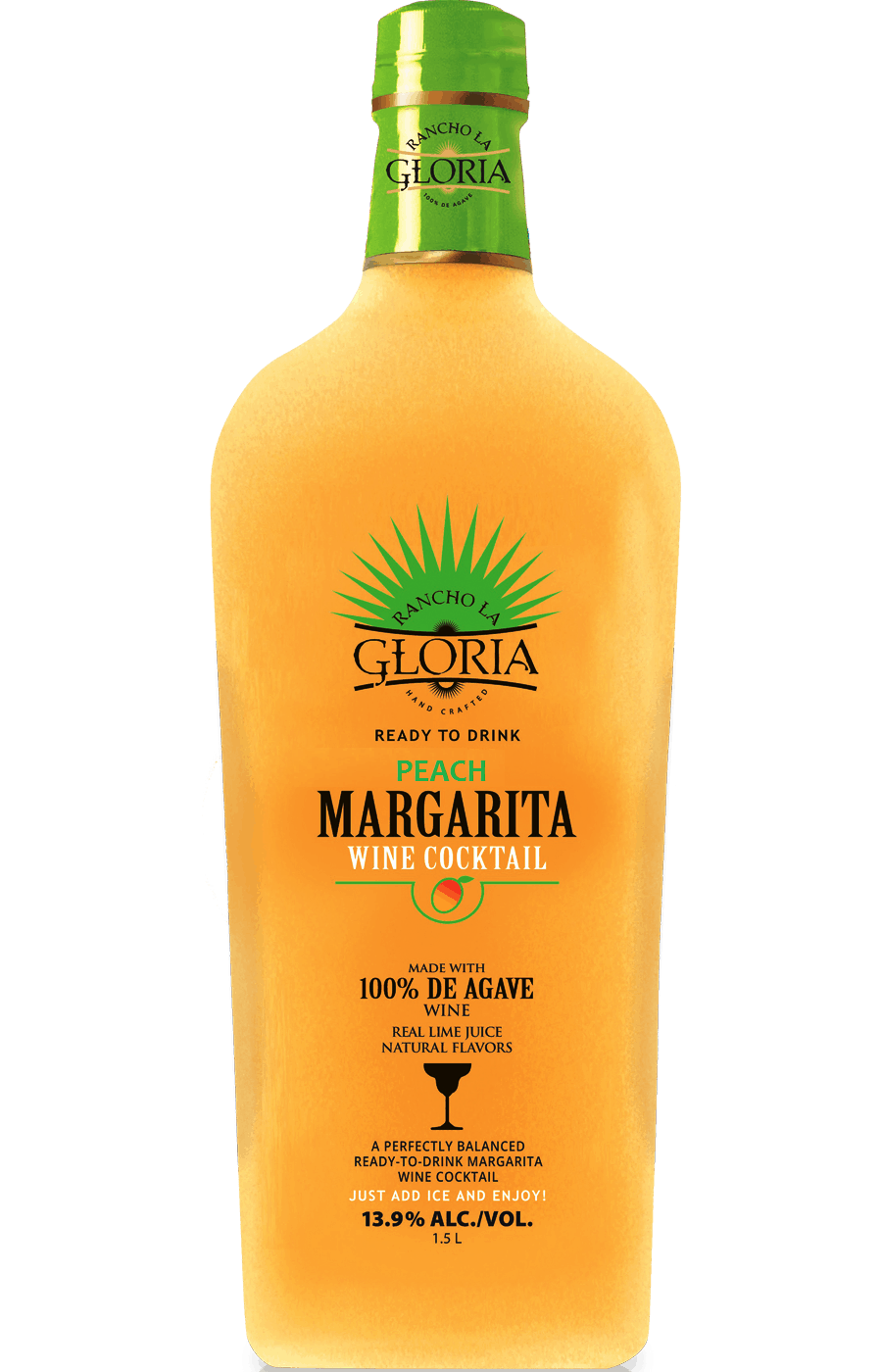 Rancho La Gloria Peach Margarita Wine Cocktail 750 ML bottle displaying label and branding.