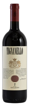 Red wine bottle with Tignanello label on a white background