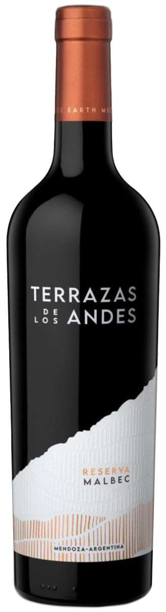 Bottle of Terrazas de los Andes Reserva Malbec 2023 750 ML red wine with Andes vineyard backdrop