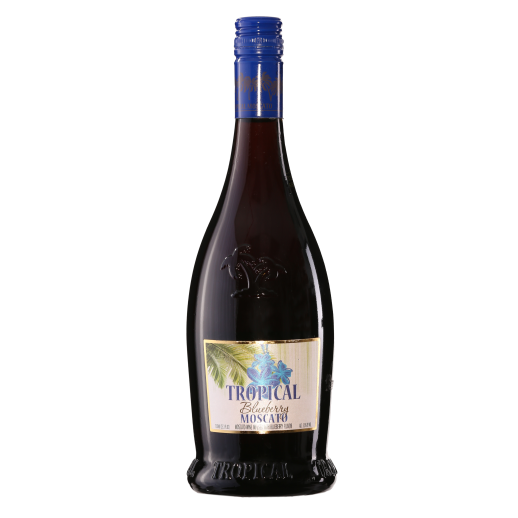 Bottle of Tropical Blueberry Moscato 750 ML sweet wine with blueberry and tropical fruit flavors