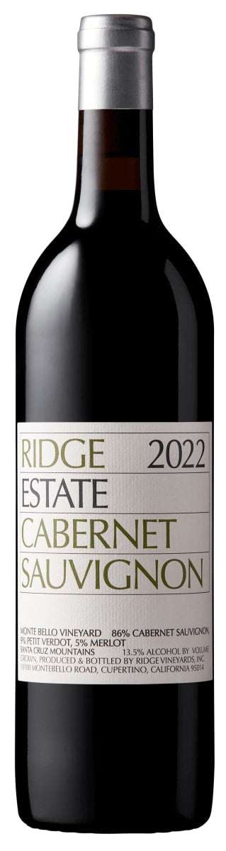 Ridge Estate Cabernet Sauvignon 2022 750 ML bottle with rich dark berry and cedar aroma from Monte Bello Estate vineyards